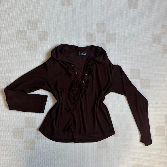 Vintage Y2K Chocolate Brown Ruffle Tie-Up Sheer Top - Made in Canada - Picture 3 of 8